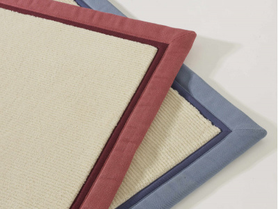 Jacaranda  Sanskrit Ivory rugs double bordered in Cotton Pink & Red (L) Blue (R)
