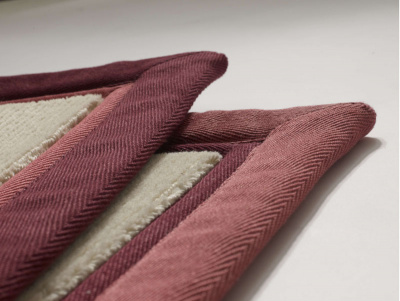 Jacaranda  Sanskrit Ivory rugs double bordered in Cotton Red & Pink (L) Pink & Red (R)