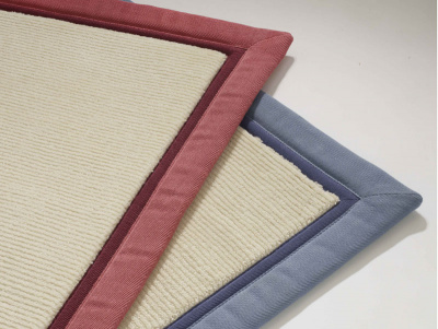 Jacaranda  Sanskrit Ivory rugs double bordered in Cotton Pink & Red (L) Blue (R) P2